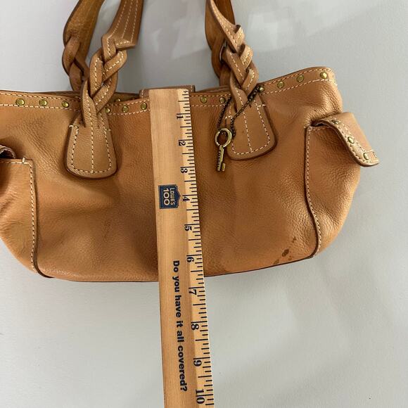 Fossil Tan Leather Shoulder Bag Satchel Studded Braided Handles w/ Key Charm - Picture 9 of 11